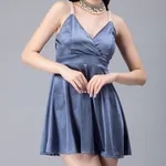 Pearl Straps Front Overlap Dress S Blue