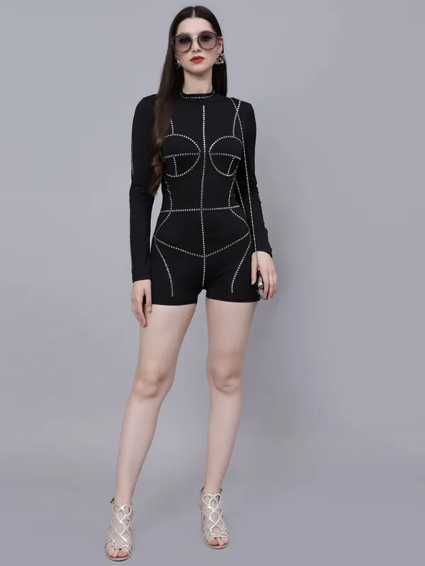 Buy Stylish Rhinestone Stickon Detail Playsuit S Black Online