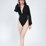 Buy Stylish Sexy Plunged  V- Neck  Bodysuit S Black Online