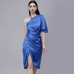 Off Shoulder Satin Midi Dress  S Blue