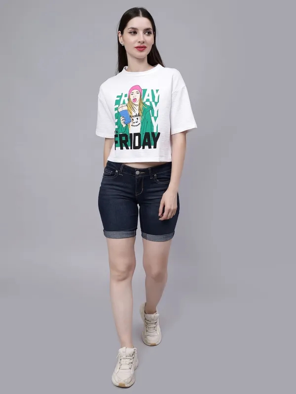 Friday Printed Crop T-Shirt   One Size White