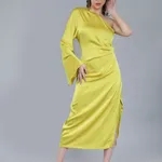 Draped Satin One Shoulder Dress S Yellow