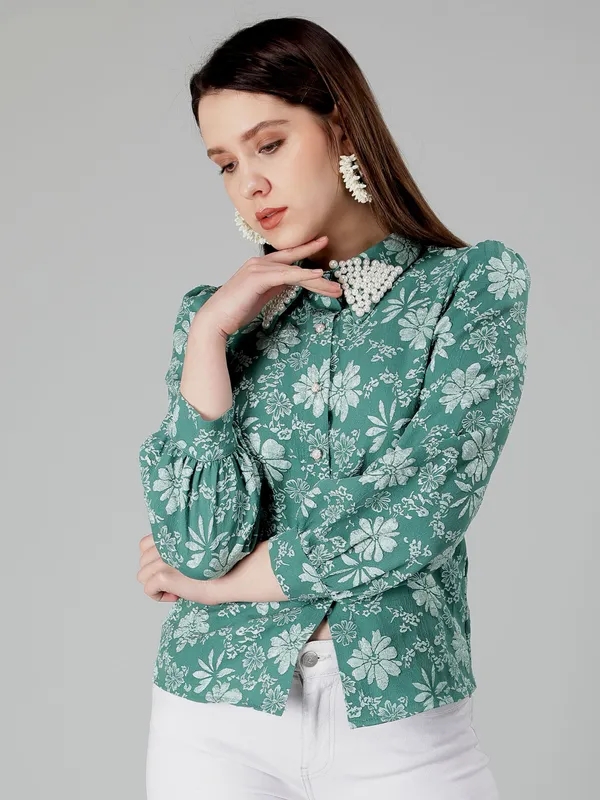 Pearl Beading Jacquard Shirt M Green