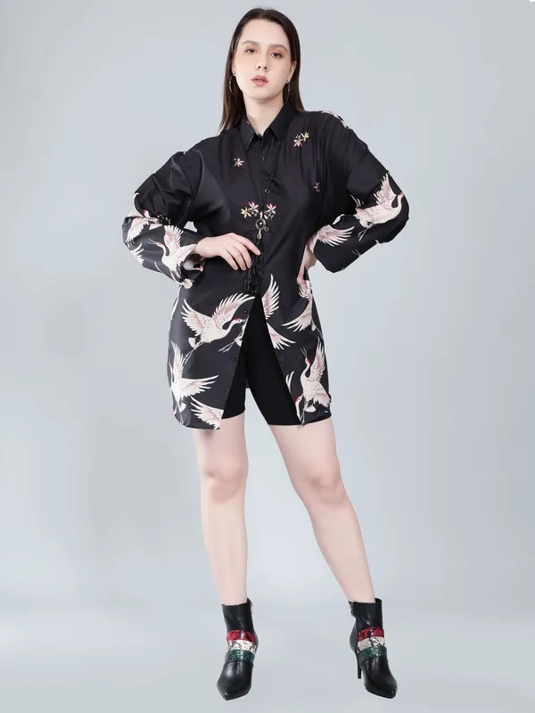 Crane Print Oversized Shirt M Black