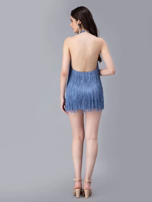 Buy Halter Backless Tassels Dress S Blue at Best Price