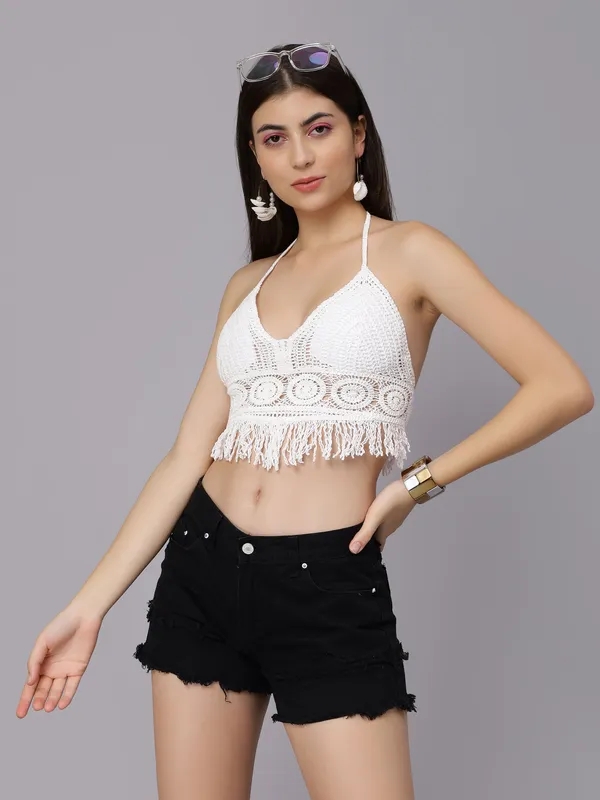 Sexy Fringe Hem Crochet Halter Top One Size White