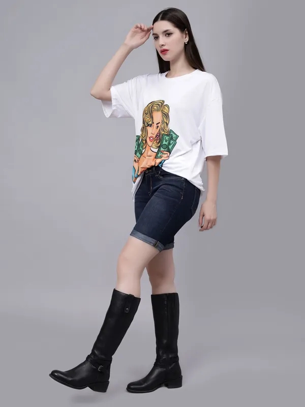 Buy Gambling Girl Graphic Oversized T- Shirt One Size White Online