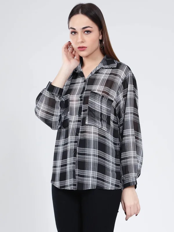 Buy Stylish Plaid Sheer Shirt One-Size Black Online