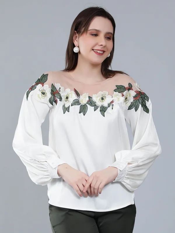 Buy Flower Embroidery Satin Blouse S Beige at Best Price