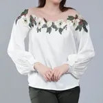 Buy Flower Embroidery Satin Blouse S Beige at Best Price