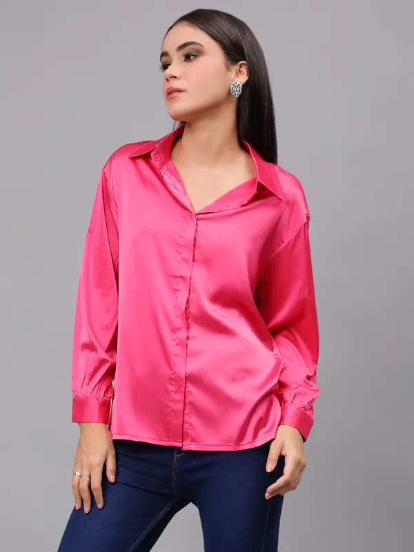 Elegant Ribbon Satin Shirt S Pink