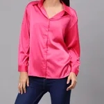 Elegant Ribbon Satin Shirt S Pink