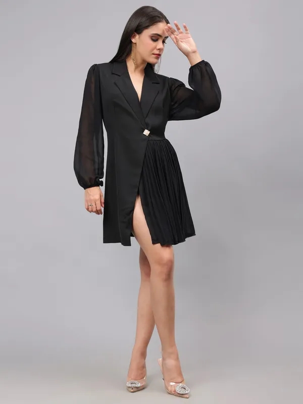 Pleated Wrap Dress S Black