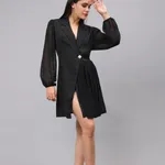 Pleated Wrap Dress S Black