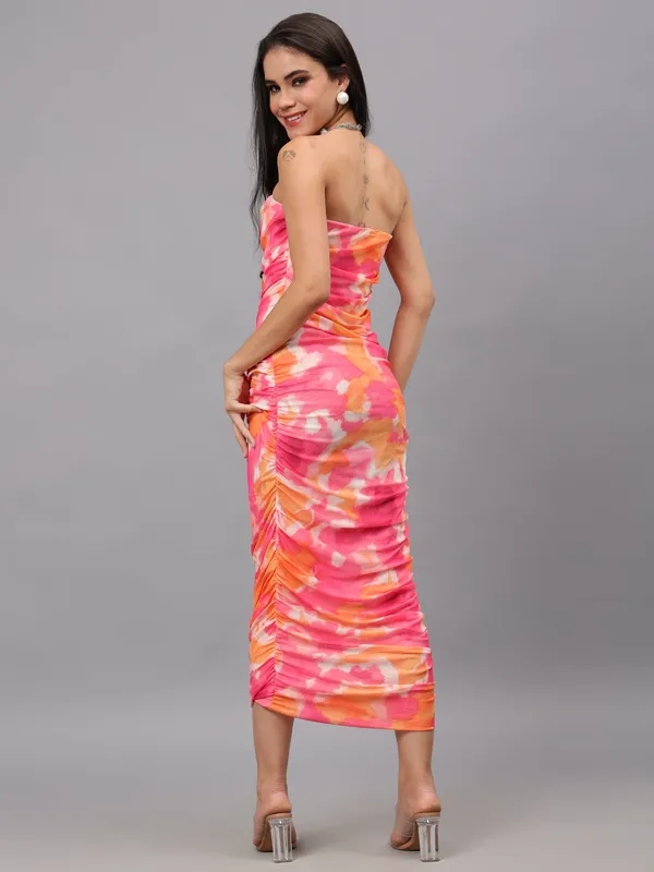 Buy Ruched Printed Tulle Dress XS Pink at Best Price