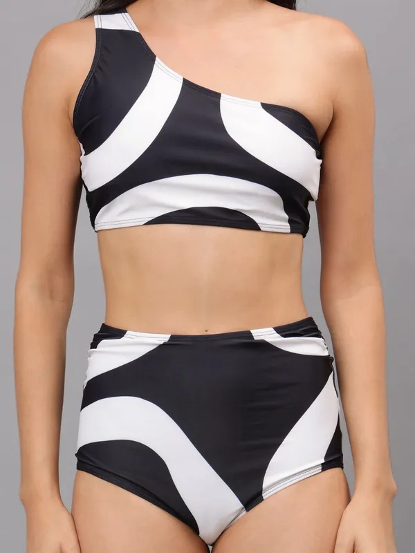 Buy One Shoulder Bikini Set With Sarong S Black Online