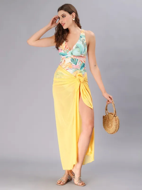 Halter Neck Monokini With Sarong S Yellow