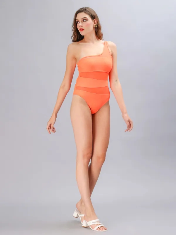 Buy One Shoulder Mesh Monokini S Orange at Best Price