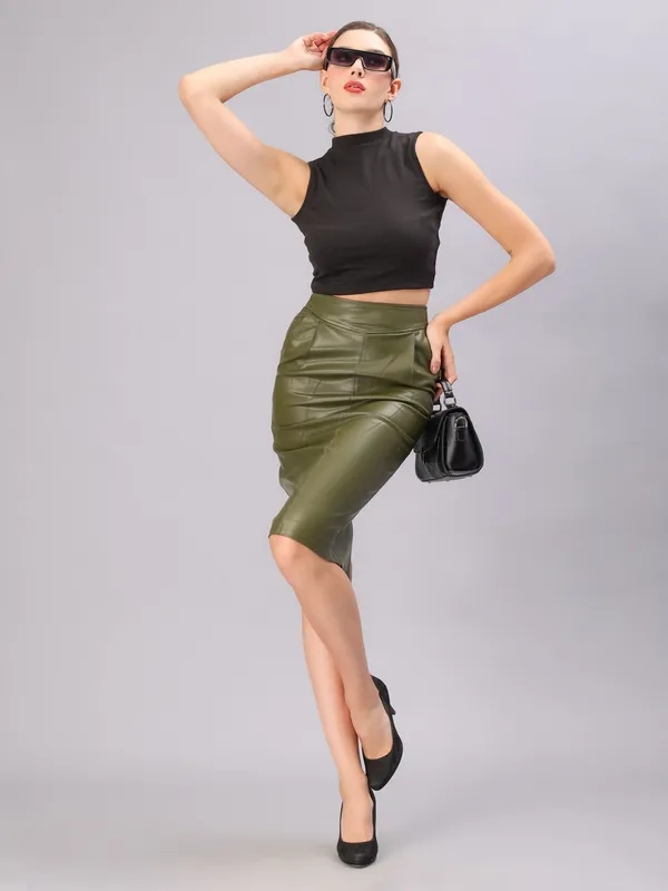 Shop for PU Leather Pencil Skirt XS Olive Green Online