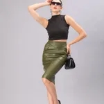 Shop for PU Leather Pencil Skirt XS Olive Green Online