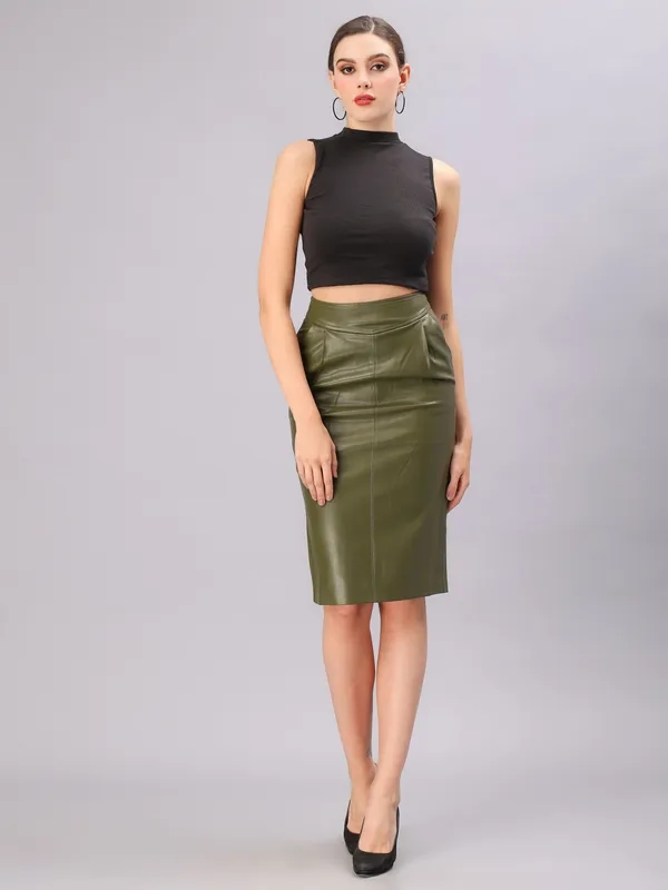 Order PU Leather Pencil Skirt XS Olive Green Online