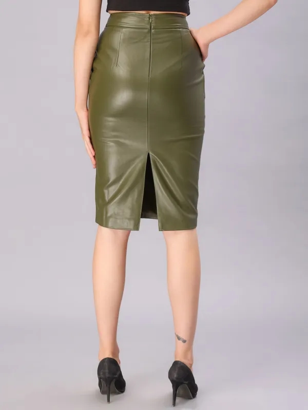 Buy PU Leather Pencil Skirt XS Olive Green at Best Price