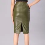 Buy PU Leather Pencil Skirt XS Olive Green at Best Price