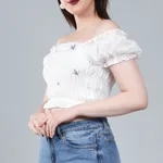 Puff Shoulder Smocked Top S White