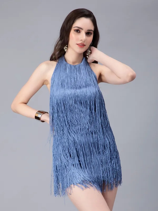 Halter Backless Tassels Dress S Blue