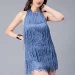 Halter Backless Tassels Dress S Blue