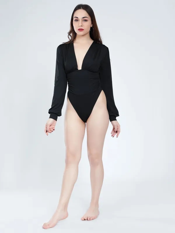 Sexy Plunged  V- Neck  Bodysuit S Black