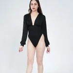 Sexy Plunged  V- Neck  Bodysuit S Black