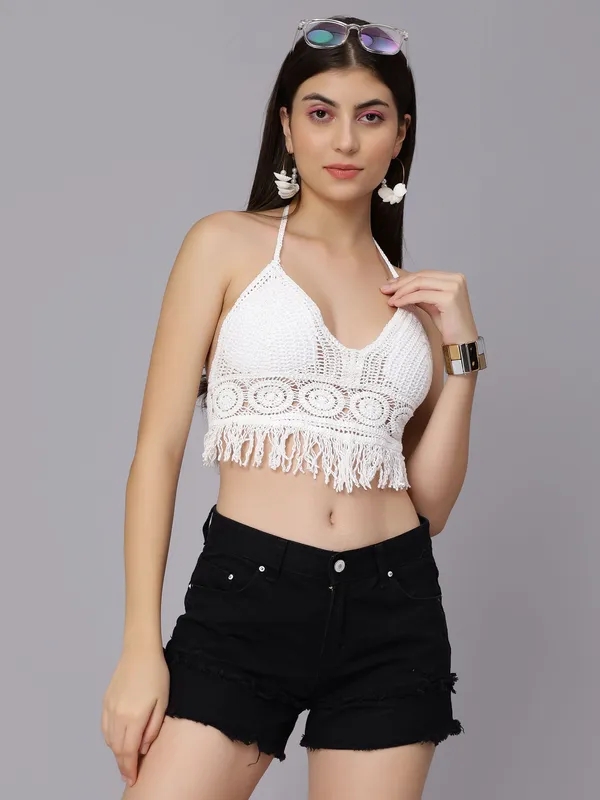 Order Sexy Fringe Hem Crochet Halter Top One Size White Online