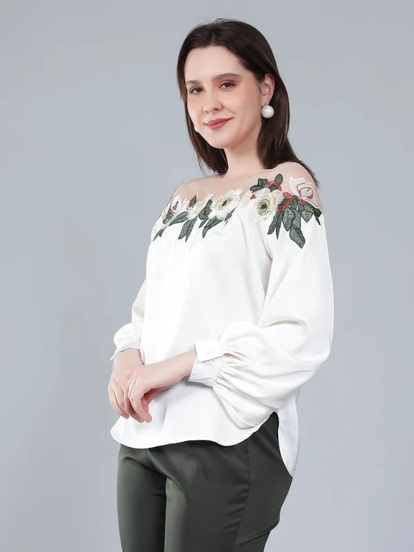 Buy Flower Embroidery Satin Blouse S Beige Online