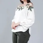 Buy Flower Embroidery Satin Blouse S Beige Online