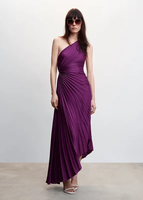 One-Shoulder Pleated Maxi Dress Purple S