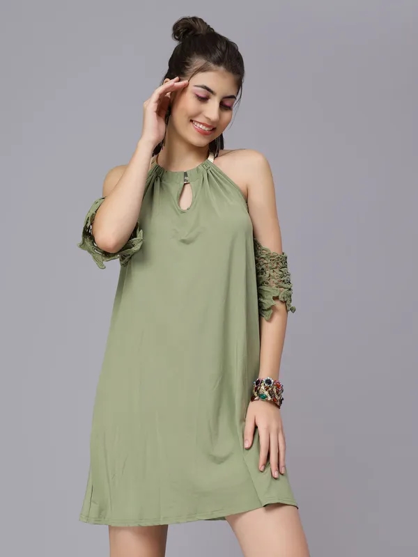 Shop for Off-Shoulder Lace Cutout Dress S Green Online