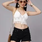 Buy Stylish Sexy Fringe Hem Crochet Halter Top One Size White Online