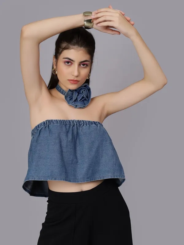 Denim Loose Tube Crop Top One Size Blue