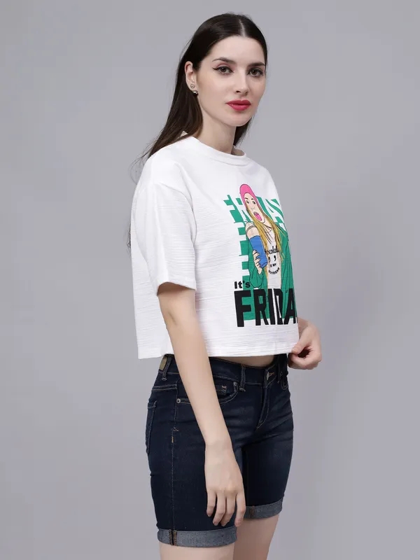 Friday Printed Crop T-Shirt   One Size White