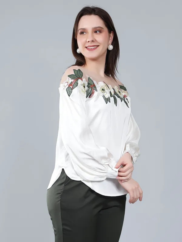 Buy Flower Embroidery Satin Blouse S Beige