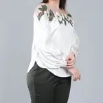 Buy Flower Embroidery Satin Blouse S Beige