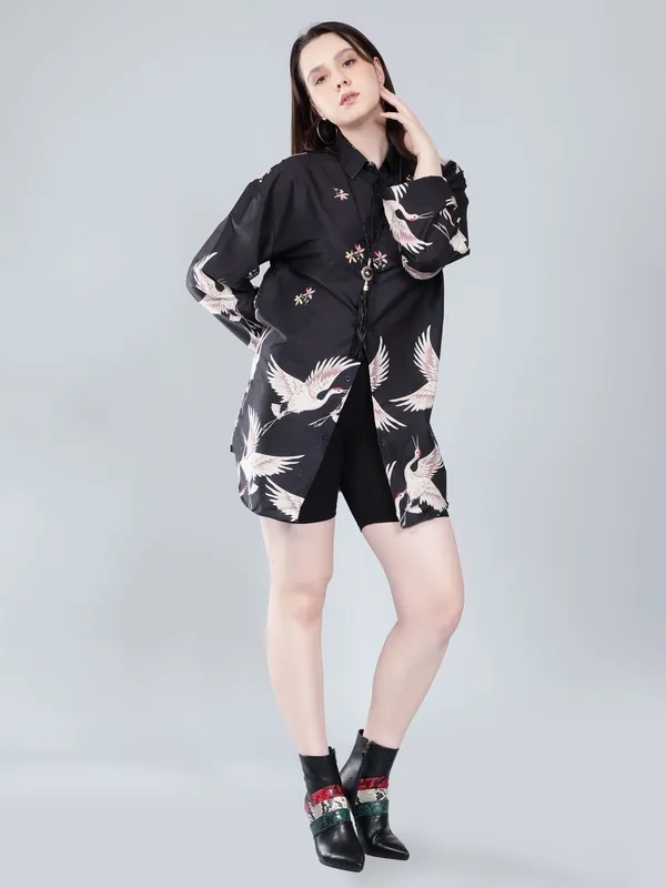 Buy Crane Print Oversized Shirt M Black at Best Price