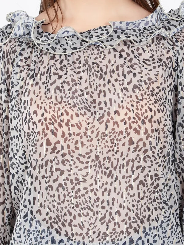 Neck ruffle Animal Print Blouse S Leopard