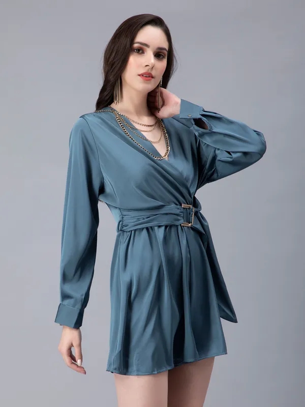 Buy Front Overlap Flair Satin Playsuit M Blue Online