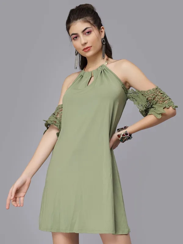 Off-Shoulder Lace Cutout Dress S Green