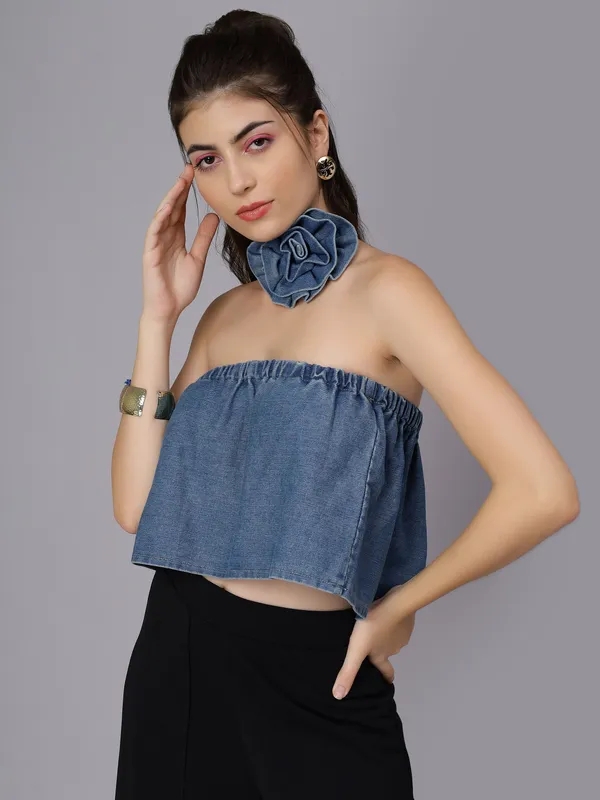 Buy Denim Loose Tube Crop Top One Size Blue Online