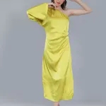 Buy Stylish Draped Satin One Shoulder Dress S Yellow Online