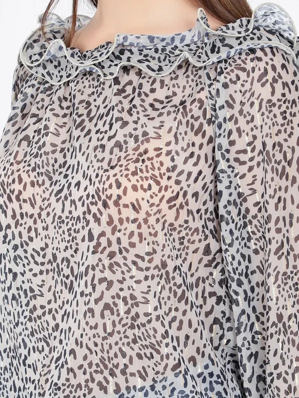 Neck ruffle Animal Print Blouse S Leopard