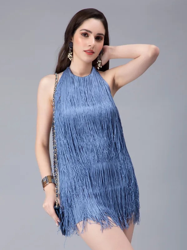 Buy Stylish Halter Backless Tassels Dress S Blue Online